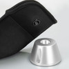 A black pouch with a lock button beside a silver lockable phone pouch base.