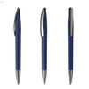 A navy blue plastic pen with a silver clip, displayed from three angles, featuring a branding logo.