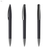A set of metallic black plastic pens with silver accents and a sleek design, featuring a branding logo.