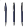 A collection of navy blue plastic pens with metallic accents, featuring a clip on each design.