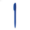 A blue plastic pen with a smooth finish and a rounded top. It features a clip and has a logo.