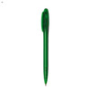 A plastic pen in a vibrant green colour with a rounded top and a clip. It features a logo on the side.