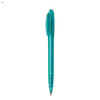 A plastic pen in teal colour featuring a clip and a branding logo.