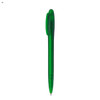 A plastic pen in a vibrant green colour, featuring a clip and a logo on its body.
