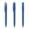 A set of blue plastic pens displayed from different angles, featuring a clip and smooth barrel design.