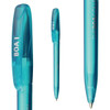 A plastic pen in a translucent aqua colour with a logo. It features a click mechanism and a rounded tip.