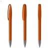An orange plastic pen with a clip and a shiny silver tip, shown from three angles. It features a logo.