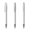 A set of three white plastic pens with silver tips and a simple design, featuring a logo on one pen.