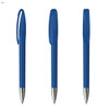 A blue plastic pen featuring a cap and a silver tip, displayed from multiple angles. The pen has a logo.