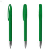 A green plastic pen with a clip and a silver tip, displayed from three different angles.