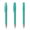 A set of turquoise plastic pens with silver tips and transparent caps, featuring a logo on the side.