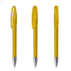 A set of yellow plastic pens with a clear grip and silver metal clip. Each pen features a smooth barrel design.
