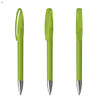 A set of green plastic pens with transparent caps and silver nibs, featuring a logo on each pen.