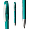 A transparent teal ballpoint pen with a silver clip, featuring a logo.