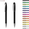 A collection of plastic pens in various colours, featuring a black pen with a clip and a shiny silver tip.