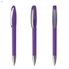 A purple plastic pen with a silver clip, featuring a transparent body. The design includes a rounded tip for writing.