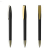 A set of black metal pens with gold accents and clips, featuring a sleek design. The image includes branding.
