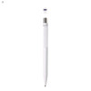 A white plastic pen with a silver top and a decorative element at the tip. It features a logo.