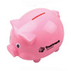 A pink pig-shaped coin bank with a slot for coins and a logo on the side.
