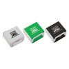 Three small cases in silver, green, and black, each containing a pair of earbuds. Each case features a logo.