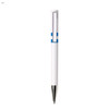 A plastic pen in white with blue accents, featuring a sleek design and a shiny silver tip.