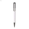 A plastic pen in white with black and silver accents, featuring a logo on the body.