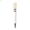 A plastic pen featuring a white barrel and a cream-coloured cap with silver accents and a clip, alongside a branding logo.