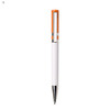 A plastic pen with a white body and an orange top, featuring a chrome clip and tip, along with a logo.
