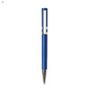 A blue plastic pen with a sleek design and a silver clip, featuring a branding logo.