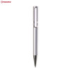 A metallic silver pen with a sleek design and a clip, featuring a branding logo on the upper part.