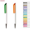 A collection of plastic pens in various colours, featuring two prominent pens with green and orange accents, along with a range of others.