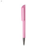A pink plastic pen with a textured grip and a shiny silver tip. The pen features a logo on its side.