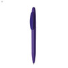 A purple plastic pen with a clip and a sleek design, featuring a logo on its surface.