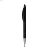 A black plastic pen with a silver tip and a clip. Features a logo on its body.