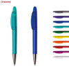 Two plastic pens in turquoise and blue, with a selection of colourful pens arranged alongside. Each pen features a logo.