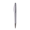 A silver metal pen with a sleek design, featuring a clip and a shiny tip. It has a branding logo.