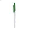 A plastic pen with a white body and a green cap, featuring a logo on the side.