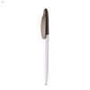 A plastic pen in white and brown, featuring a logo on the body.