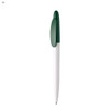 A plastic pen with a green cap and a white barrel. The pen features a logo on its surface.