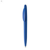 A blue plastic pen with a sleek design and a clip, featuring a branding logo.