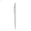 A plastic pen in white with a smooth barrel design and a clip on the side. It has a branding logo.