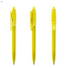A set of three transparent yellow plastic pens, featuring a clip and a ballpoint tip. Each pen has a slightly different angle.