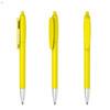 A yellow plastic pen featuring a silver tip and clip, shown from three different angles.
