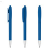 A blue plastic pen with a silver tip and a clip, presented in three different angles. It features a logo.