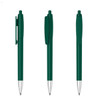 A green plastic pen with a silver tip, featuring a clip and a push mechanism. The pen is shown from three angles.