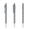 A grey plastic pen with a click mechanism and a silver tip, featuring a clip and smooth barrel design.