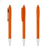An orange plastic pen featuring a clip and a silver tip, presented from three different angles.