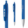 A blue plastic pen with a silver tip and a clip, featuring a logo.