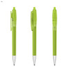 A set of three transparent green plastic pens with silver tips and clips. Each pen has a unique angle.