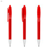A red plastic pen featuring a transparent cap and clip, with a silver metallic tip. It has a small logo.